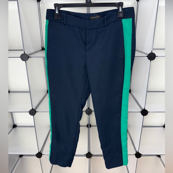 BANANA REPUBLIC Avery Navy Green Side Stripe Crepe Straight Ankle Pants 2 Petite - Picture 2 of 10